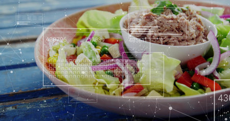 Showing large salad bowl on weathered blue table, with small ramekin of tuna. Greens, dish, fish, seafood, microgreens, grid, digitalの写真素材