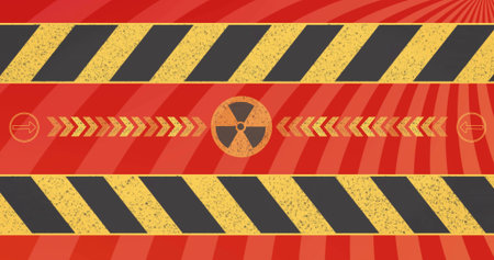 Featuring central radioactive trefoil over red band on flat warning sign, showing hazard stripes....