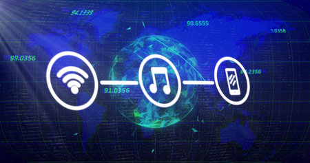 Showing WiFi, music note, smartphone icons linking across digital globe, with numeric readouts....