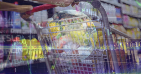 Gripping shopper hand pushing metal cart in grocery aisle, with globe, charts, red sleeve. Earth, global, markets, data, visualization, retail, supermarketの写真素材