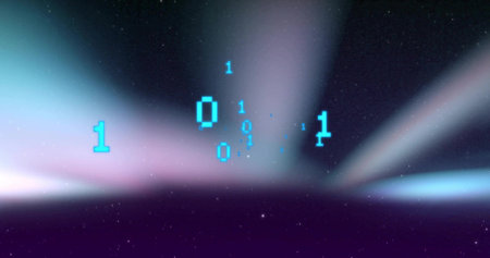 Floating pixelated cyan binary numerals drifting above purple horizon, with aurora and starfield....