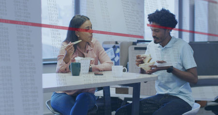 Sharing lunch, staff pink-top blue-polo at office, with chopsticks and sandwich, red-line overlay....