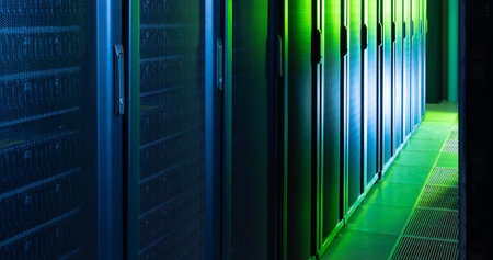 Image of empty corridor with row of blue and green computer servers. global technology, data...