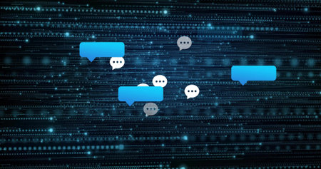 Floating cluster of speech-bubble icons hovering above virtual data plane, showing chat activity....