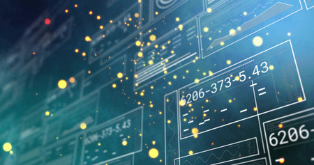 Floating translucent UI panels drifting in digital data scene, showing numbers and particles....