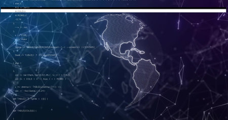 Glowing dotted-mesh Americas globe pulsing across digital UI canvas, with nodes, code, bar, dots....