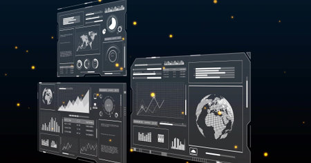 Showing three floating hologram panels in virtual space, displaying dotted globe charts gauges....