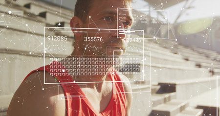 Sitting mid-adult male athlete wearing red tank top on concrete bleachers, showing AR HUD overlays....