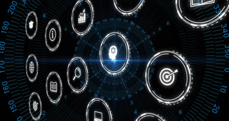 Rotating central head-with-gear in 3D hologram HUD, showing target and analytics icons. Ai,...