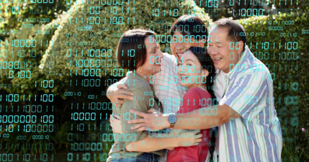 Hugging four adults sharing garden hug, wearing red tee, striped top, watch, teal binary overlay....