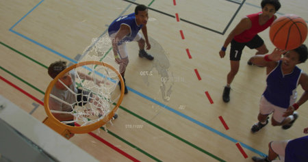 Competing five basketball players vying for rebound under hoop on gym court, rim, ball, jerseys, AR....