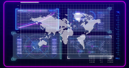 Displaying large dotted world map centered on virtual dashboard, with translucent panels and radar....