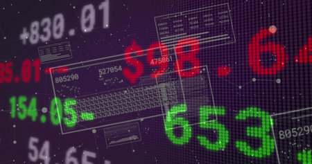 Displaying large green 653 and red dollar sign on virtual trading dashboard with HUD panels. Neon,...