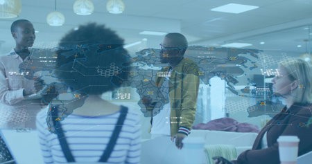 Discussing curly person wearing striped top with dark suspenders at office meeting, hologram map....