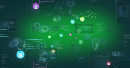 Glowing green cluster showing avatars and chat bubbles pulsing over teal UI, linking nodes. Network,...