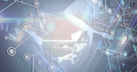 Driving man wearing suit jacket in car holding wheel, scanning cluster and screen with HUD graphics....