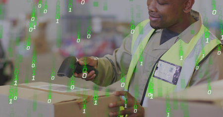 Scanning worker in hi-vis vest ID tag at packing table holding barcode scanner with binary overlay....
