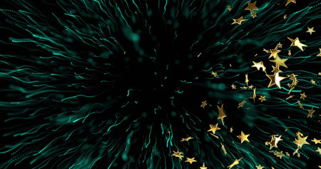 Streaming teal strands flowing from black void in vortex, with gold stars at right, teal orbs....