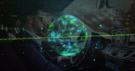 Operating driver in dark suit, sunglasses using touchscreen inside sedan with AR globe, copy space....