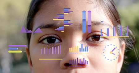 Gazing child with face filling frame at park, showing purple overlay over eyes and forehead....
