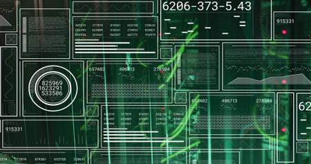 Displaying digital HUD dashboard in virtual interface, with neon-green waveform and circular gauge....