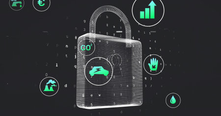 Hovering central wireframe padlock connecting icons in virtual UI, with electric car, CO2. Lock,...