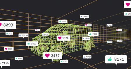 Displaying neon green wireframe van hovering in 3D grid space, with orange grid and reaction badges....