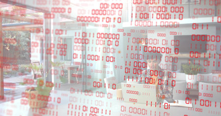 Typing Asian man in blazer using laptop by glass doors, red binary overlay, copy space. Modern,...