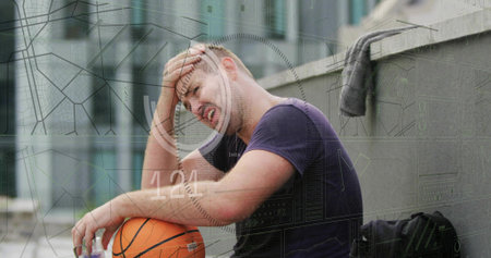 Sitting man holding basketball, pressing forehead on roof ledge, wearing purple tee, bottle, HUD....