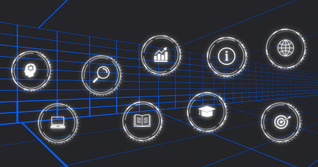 Floating holographic icons drifting through virtual 3D dashboard tunnel, showing blue grid lines....