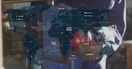Operating worker wearing dark apron, glove gripping vise handle holding part at shop, map overlay....