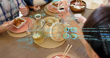 Sharing adults wearing casual clothes using chopsticks pouring sauce at home table with AR overlays....