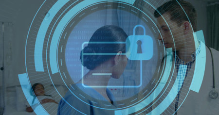Showing blue data hologram over pediatric ward, folder padlock, white coat, scrubs, child in bed....