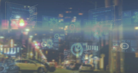 Floating translucent UI panels hovering over city street at night, showing code, gauges, parked car....