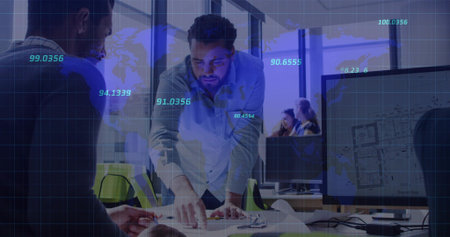 Leaning man wearing light button-up shirt pointing at blueprints on meeting table with AR overlay....