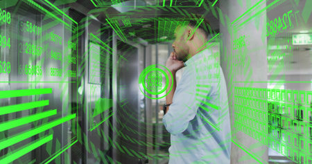 Studying man in shirt wearing watch analyzing green holograms over server racks in hall, copy space....