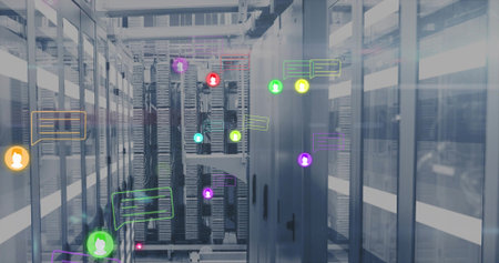 Glowing central server racks showing floating holographic icons and LED lights in data center aisle....