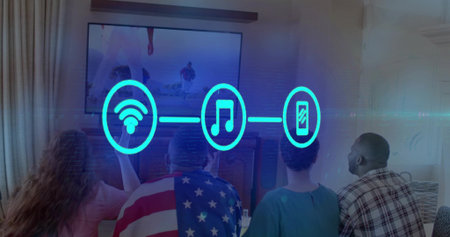 Watching five friends sitting on couch at home facing TV, with US flag shawl, digital icons. Group,...