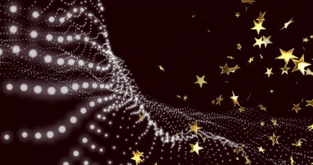 Streaming white bokeh ribbon flowing across deep maroon backdrop, scattering metallic gold stars....