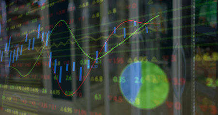 Showing market overlay over blurred office with blue bars green red yellow lines tickers pie blinds....