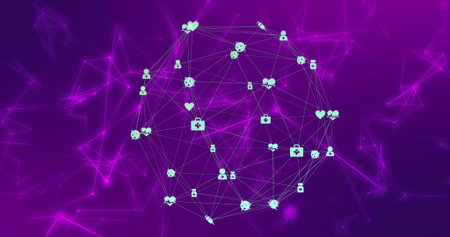 Floating teal-node globe linking in neon purple mesh. Network, icons, connectivity, cyberspace,...