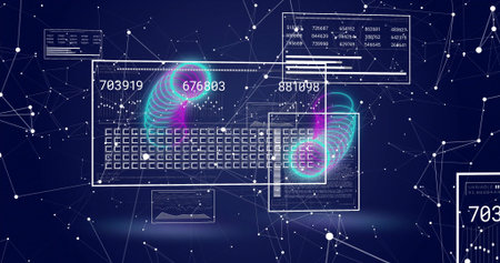 Showing centered clear keyboard pulsing with HUDs numeric grids teal magenta vortices in virtual UI....