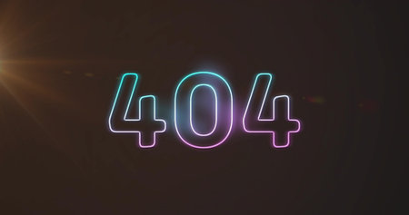 Displaying centered neon 404 numerals with cyan-magenta glow on dark studio screen, warm lens flare....