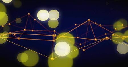 Floating gold nodes network rotating in navy gradient, with metallic lines and bokeh lights....