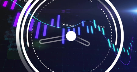 Displaying ringed gauge with hub pointers on dark dashboard, with purple teal candles, line labels....