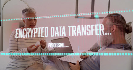 Holding woman examining pill bottle while bearded man using laptop on sofa, encryption overlay....
