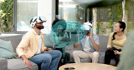Exploring VR, five adults wearing white headsets using tablet in living room, holographic AI brain....