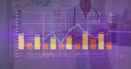 Standing woman doctor in white coat and stethoscope crossing arms in clinic with purple bar chart....