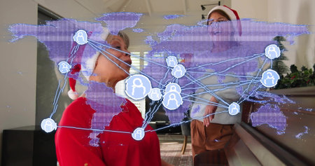 Talking women wearing Santa hats, red or light sweaters, glasses at home with piano and AR map...