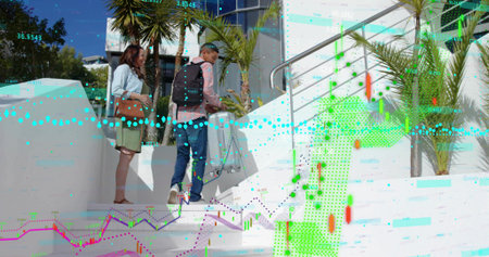 Walking two women wearing jacket and cap, pulling silver suitcase up white steps, data overlays....